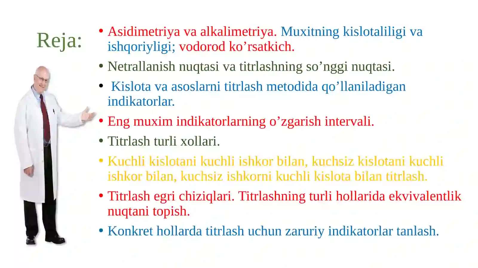 Kislota va asoslarni titrlash metodining moxiyati va qo’llanish soxasi. Indikatorlar nazariyasi 2