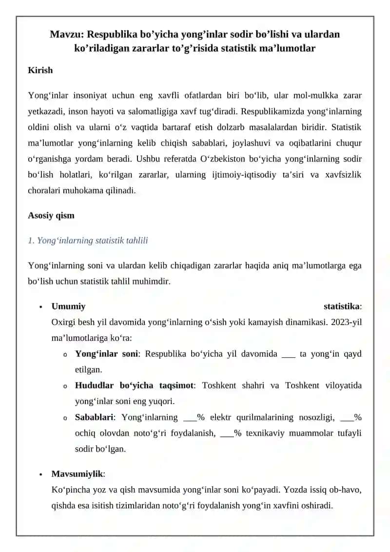 Respublika bo’yicha yong’inlar sodir bo’lishi va ulardan ko’riladigan zararlar to’g’risida statistik ma’lumotlar 2