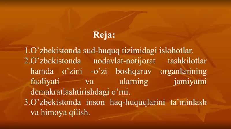 O‘zbekistonda demokratik, fuqarolik jamiyati asoslarining shakllanishi, amalga oshirilgan siyosiy islohotlar 2