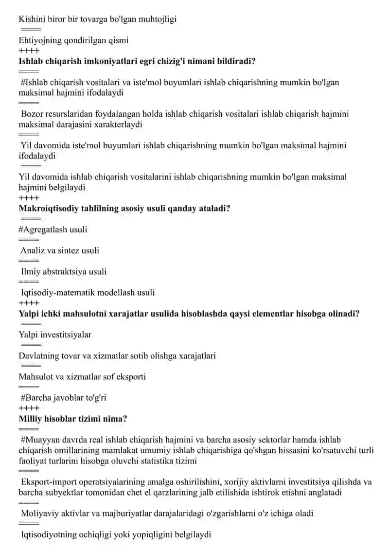 Makroiqtisodiyot fanidan yakuniy test , 100 talik javoblari bilan 2