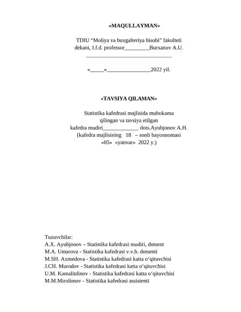 Statistika Fanidan Yakuniy Nazorat Variantlari 2