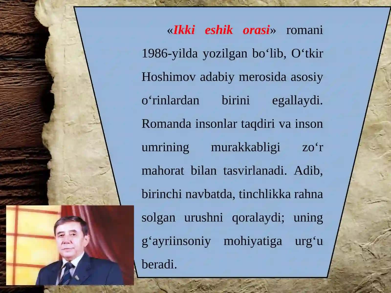 «IKKI ESHIK ORASI» ROMANIDAN OLINGAN PARCHA HAQIDA 2
