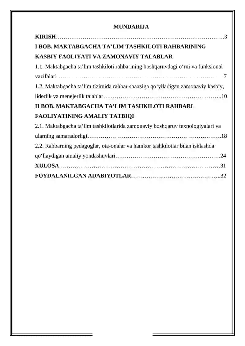 Maktabgacha talim tashkiloti rahbariga qoyiladigan zamonaviy talablar va ularning amaliy tatbiqi. 2