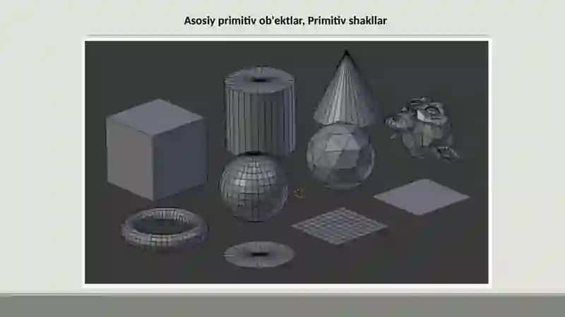Asosiy primitiv ob'ektlar Primitiv shakllar kub silind, konus va boshqalari bilan ishlash. 2