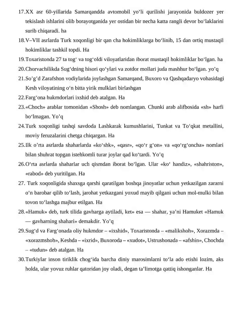 7-sinf O’zbekiston tarixi 1-bob yuzasidan takrorlash uchun 2