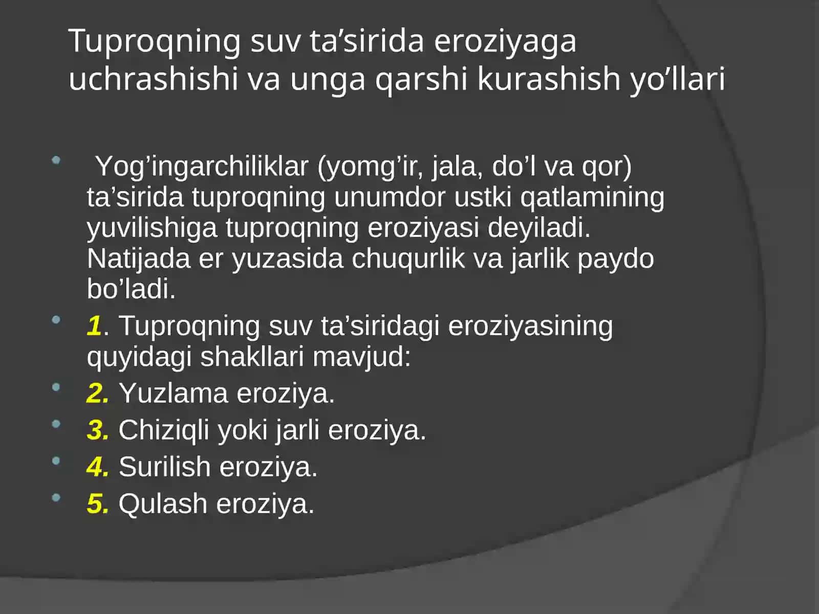 Tuproqning suv ta’sirida eroziyaga uchrashishi va unga qarshi kurashish yo’llari 2