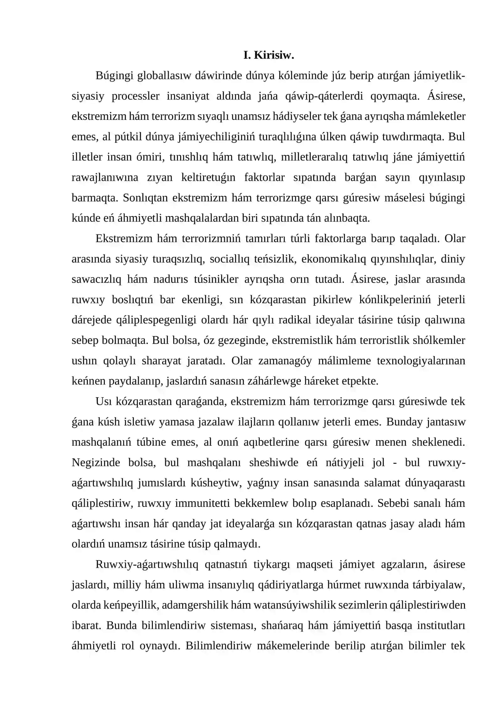 Ekstremizm hàm terorizmge qarsi guresiwdiñ ruxiy-aģartiwshiliq tiykarlari kursin ùyreniwdiñ àhimiyeti 2