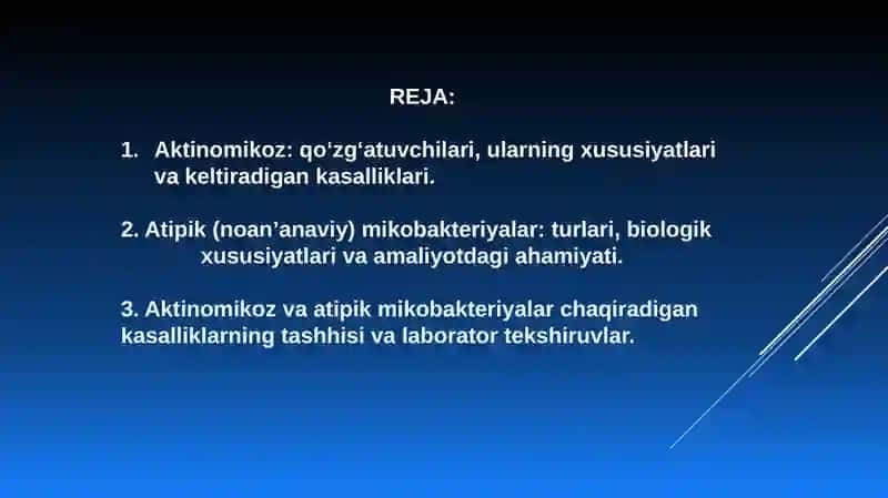 Aktinomikoz, qo‘zg‘atuvchilari tavsifi va ular keltirib chiqargan kasalliklar tashhisi. 2