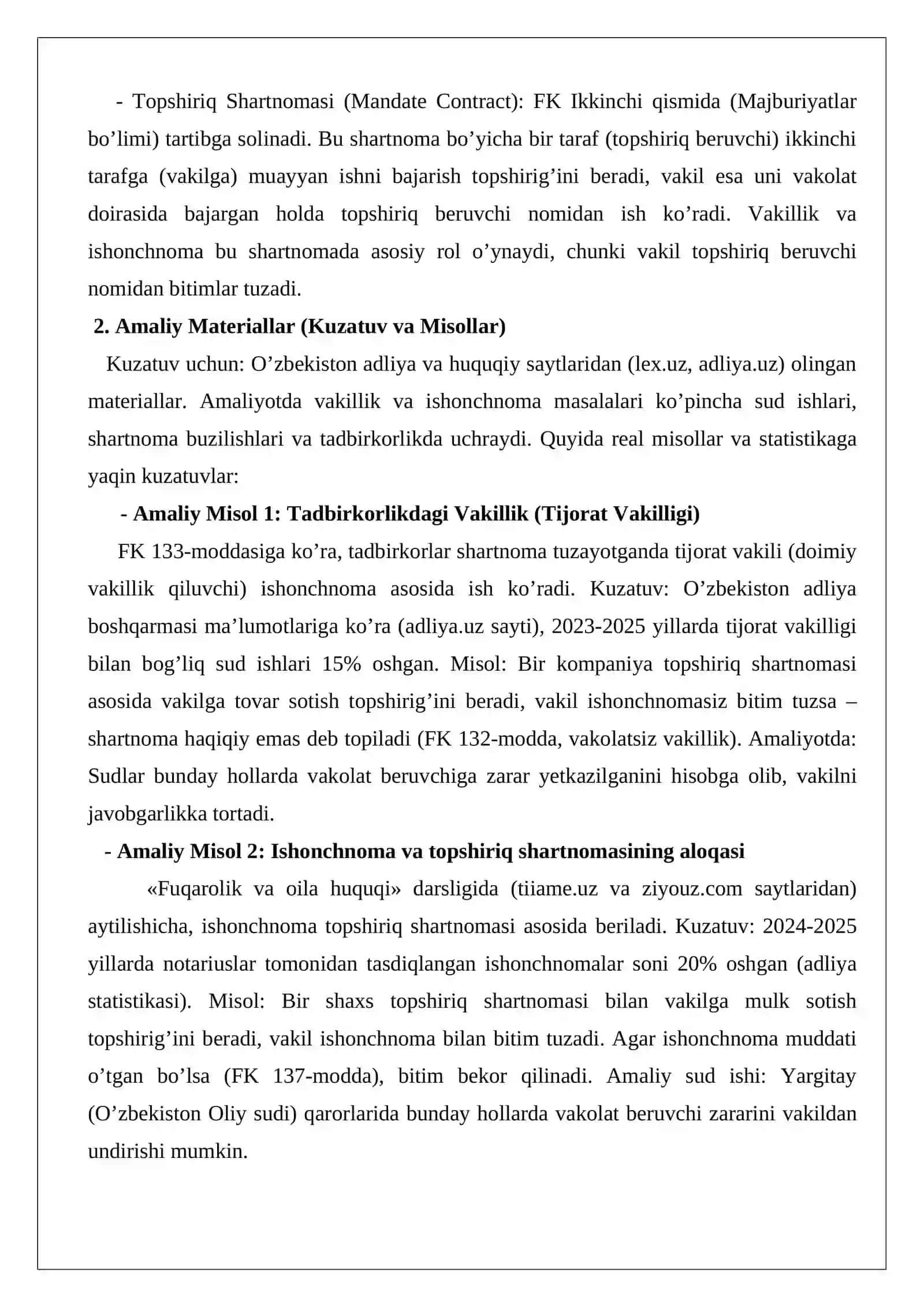 Topshiriq shartnomasida vakillik va ishonchnoma masalalari 2
