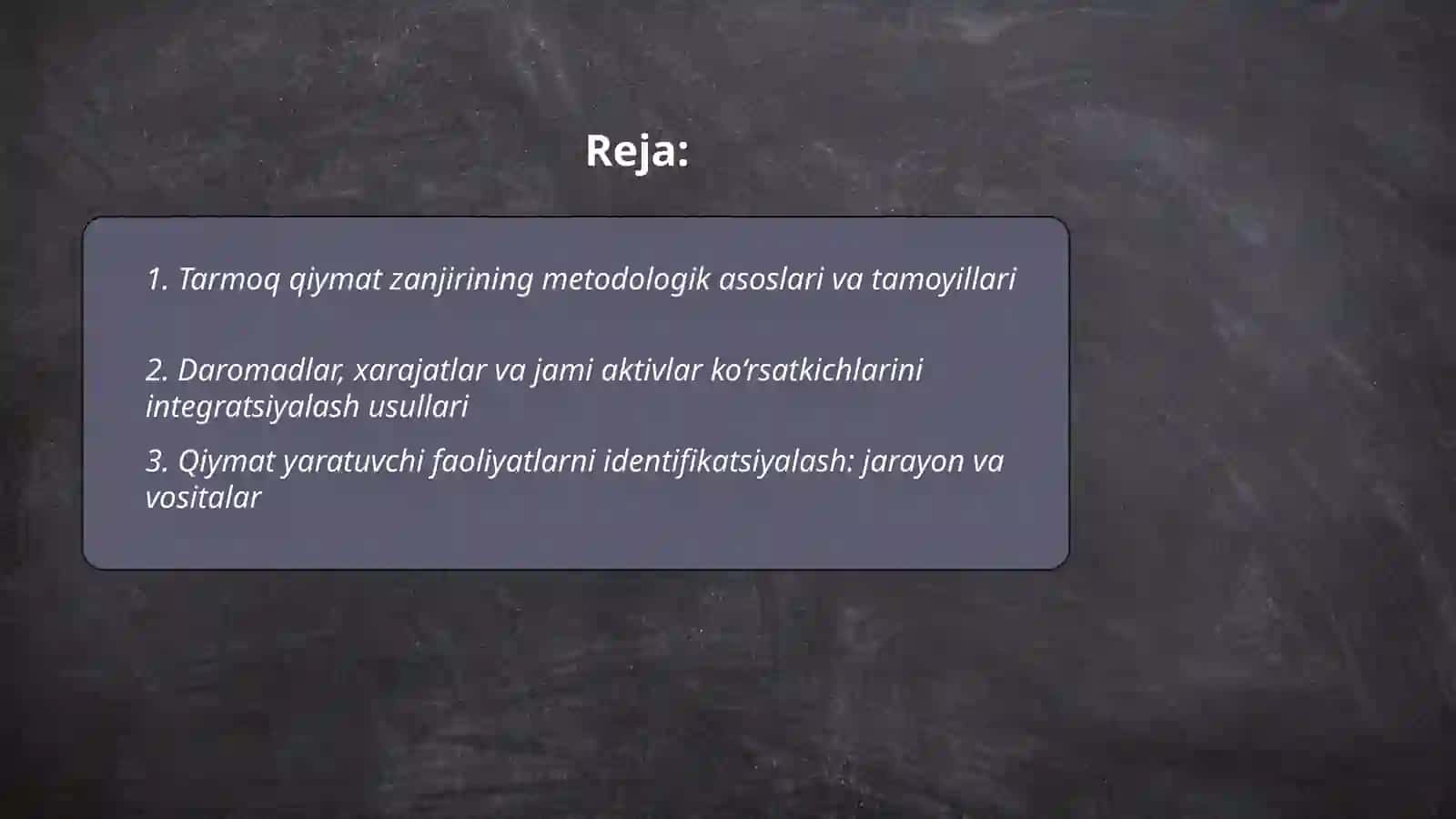 Tarmoq qiymat zanjirini yaratish metalogyasi; daromadlar, xarajatlar jami aktivlar qiymatini ko'rsatgan holda qiymat yarativchi faoliyat turlarini aniqlash 2