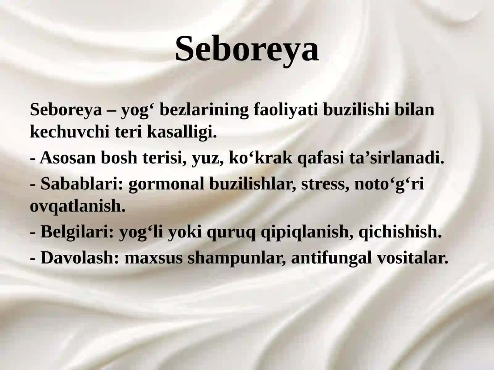 Dermatovenerologiya fanidan Seboreya va Pushti rangli xusn buzargalarning davolash usullari 2
