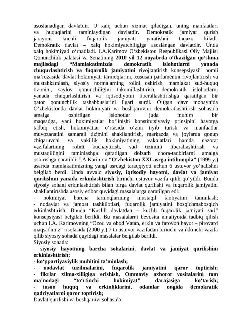 O‘ZBEKISTONDA DEMOKRATIK, FUQAROLIK JAMIYATI ASOSLARINING SHAKLLANISHI, AMALGA OSHIRILGAN SIYOSIY ISLOHOTLAR 2