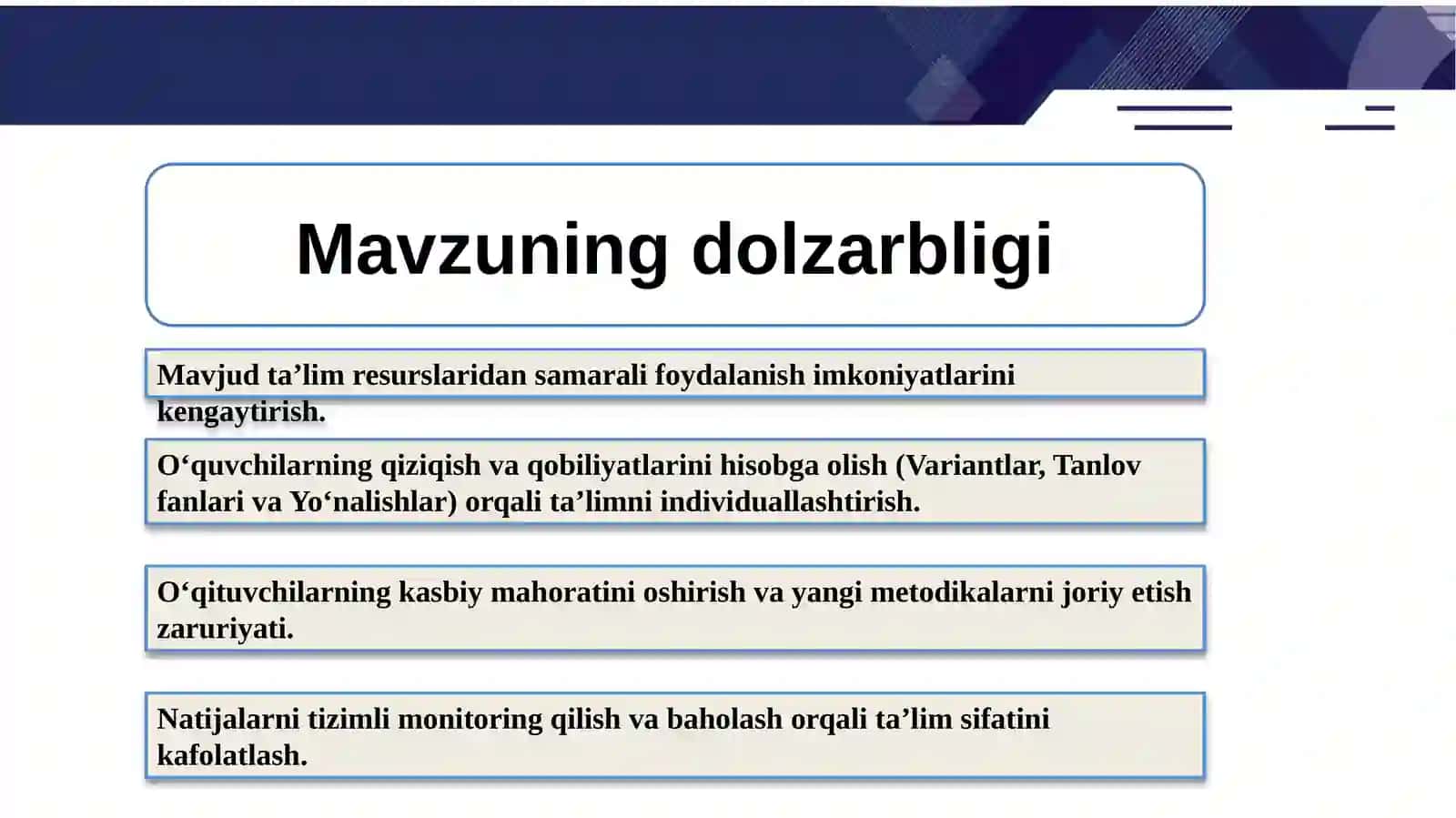 Variantiv o'quv rejalarini joriy etish va ularning natijadorligini ta'minlash 2