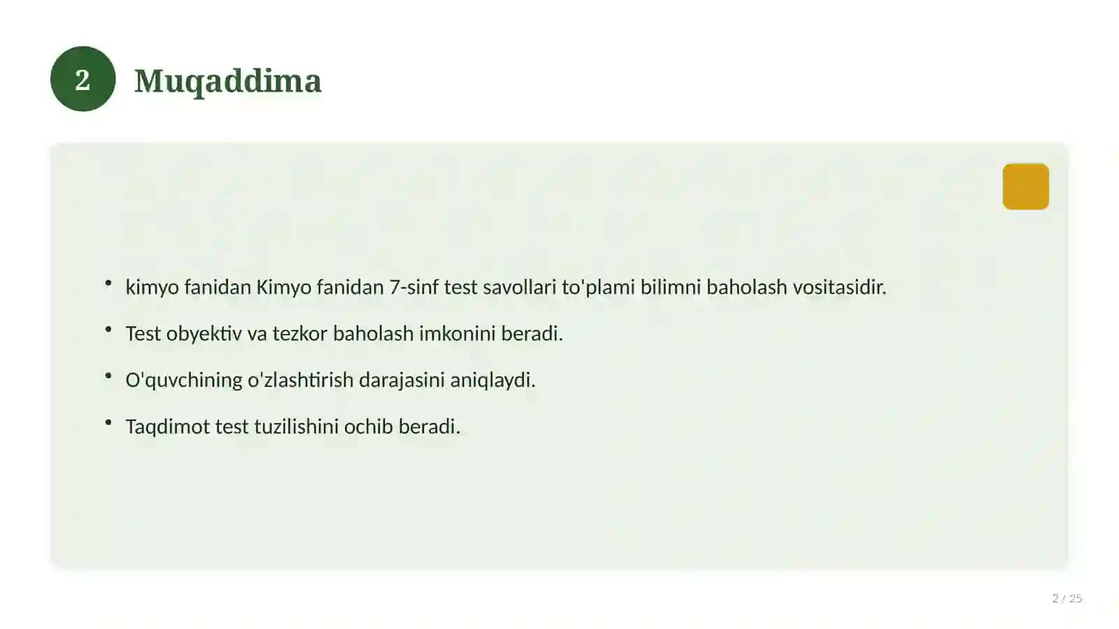 Kimyo fanidan 7-sinf test savollari to'plami 2