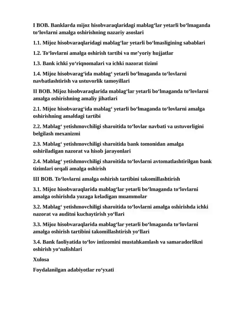 Banklarda mijozning hisobvarag’ida mablag’lar yetarli bo‘lmaganda to‘lovlarni amalga oshirish tartibi va uni takomillashtirish 2
