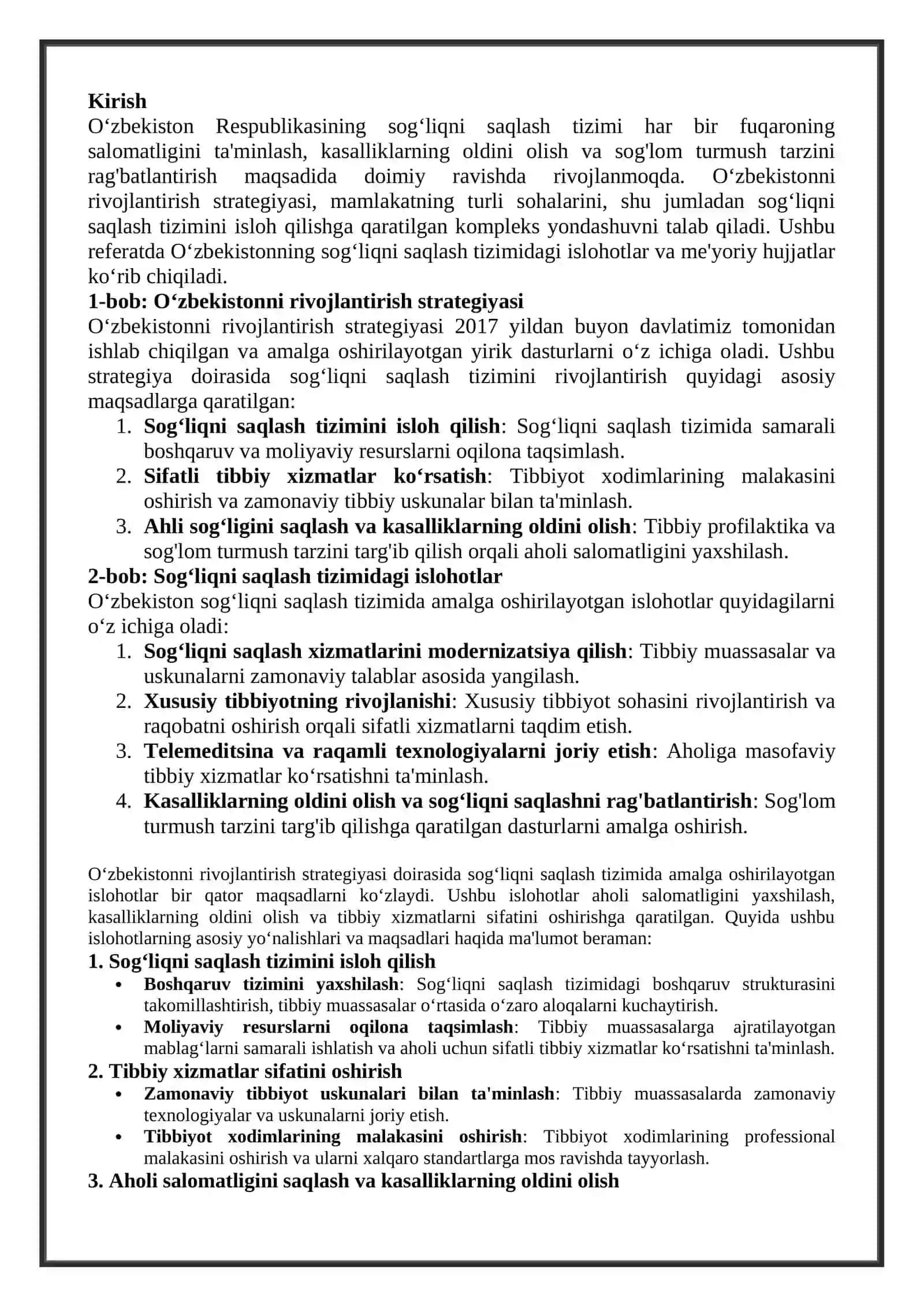 O‘zbekistonni rivojlantirish strategiyasi – sog‘liqni saqlash tizimini islohotlari, me’yoriy hujjatlari 2