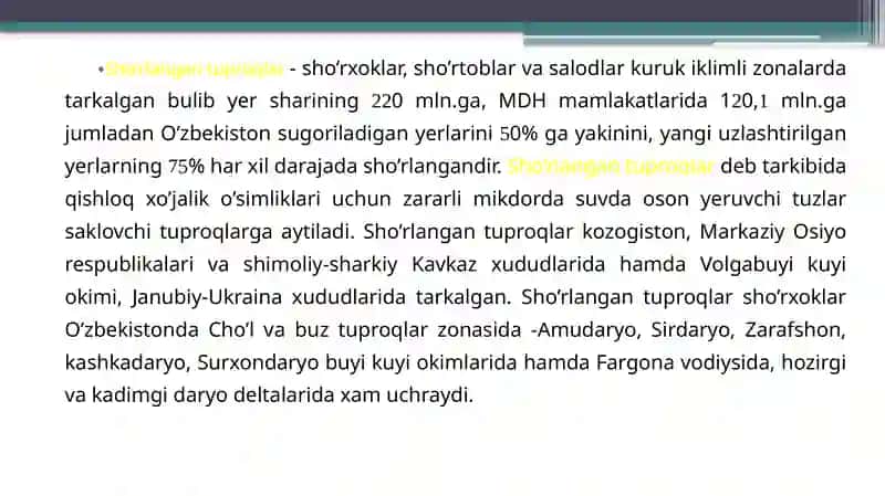 TUPROQLARNI SHO’RLANISH DARAJASI TURLARINI ANIQLASH VA TUPROQ SHO’RLANISHINI OLDINI OLISH CHORA-TADBIRLARI 2