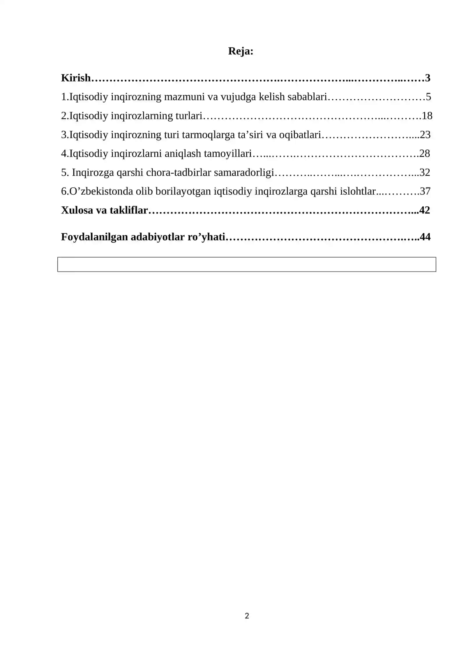 Iqtisodiy inqirozlar va ularga qarshi chora – tadbirlar samaradorligini oshirish yo’llari. 2