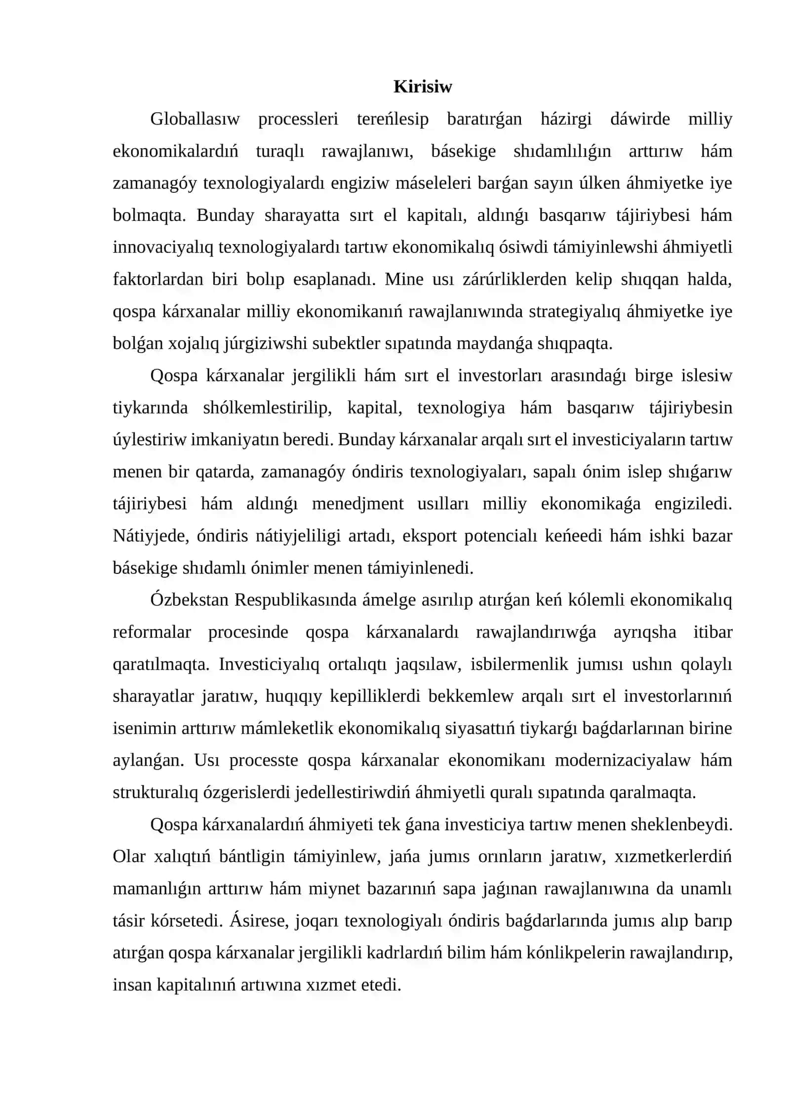Ózbekstanda qospa kárxanalardıń házirgi jaǵdayı hám rawajlanıwı 2