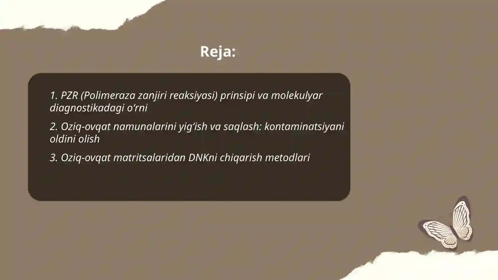 Polimeraza zanjiri reaksiyasi (PZR) usulini oʻzlashtirish: Oziq-ovqat mahsulotlarida patogen DNKni aniqlash., Molekulyar diagnostika 2