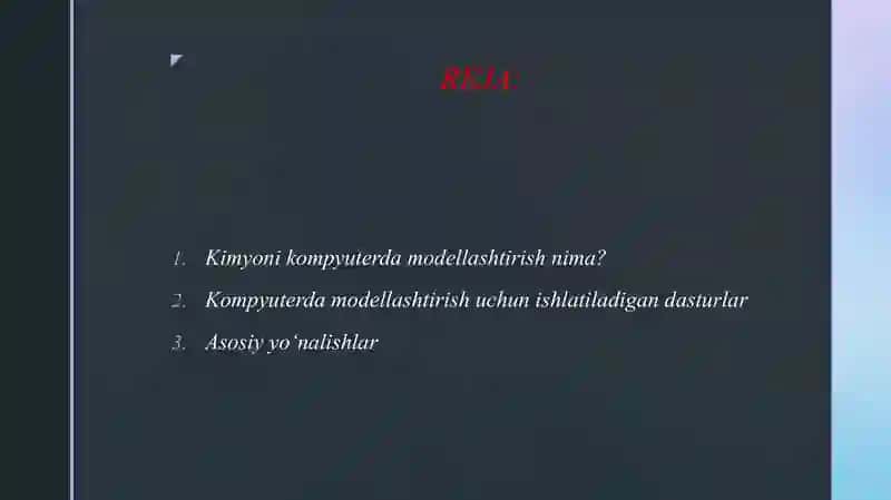 KIMYONI KOMPYUTERDA MODELLASHTIRISH FANIGA KIRISH 2