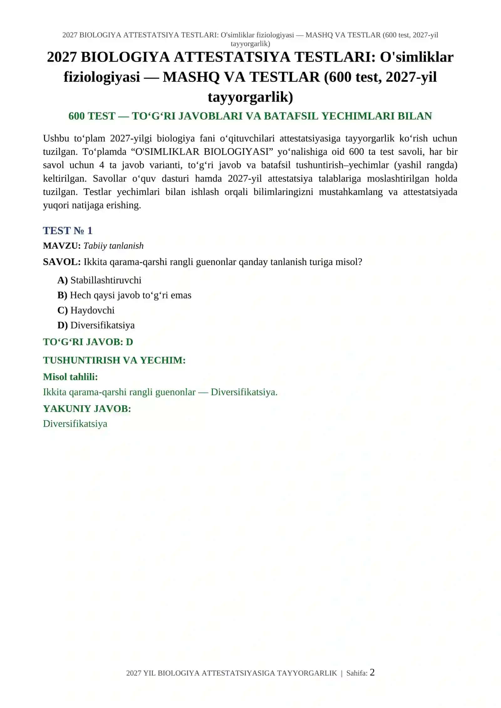 2027 BIOLOGIYA ATTESTATSIYA TESTLARI 2