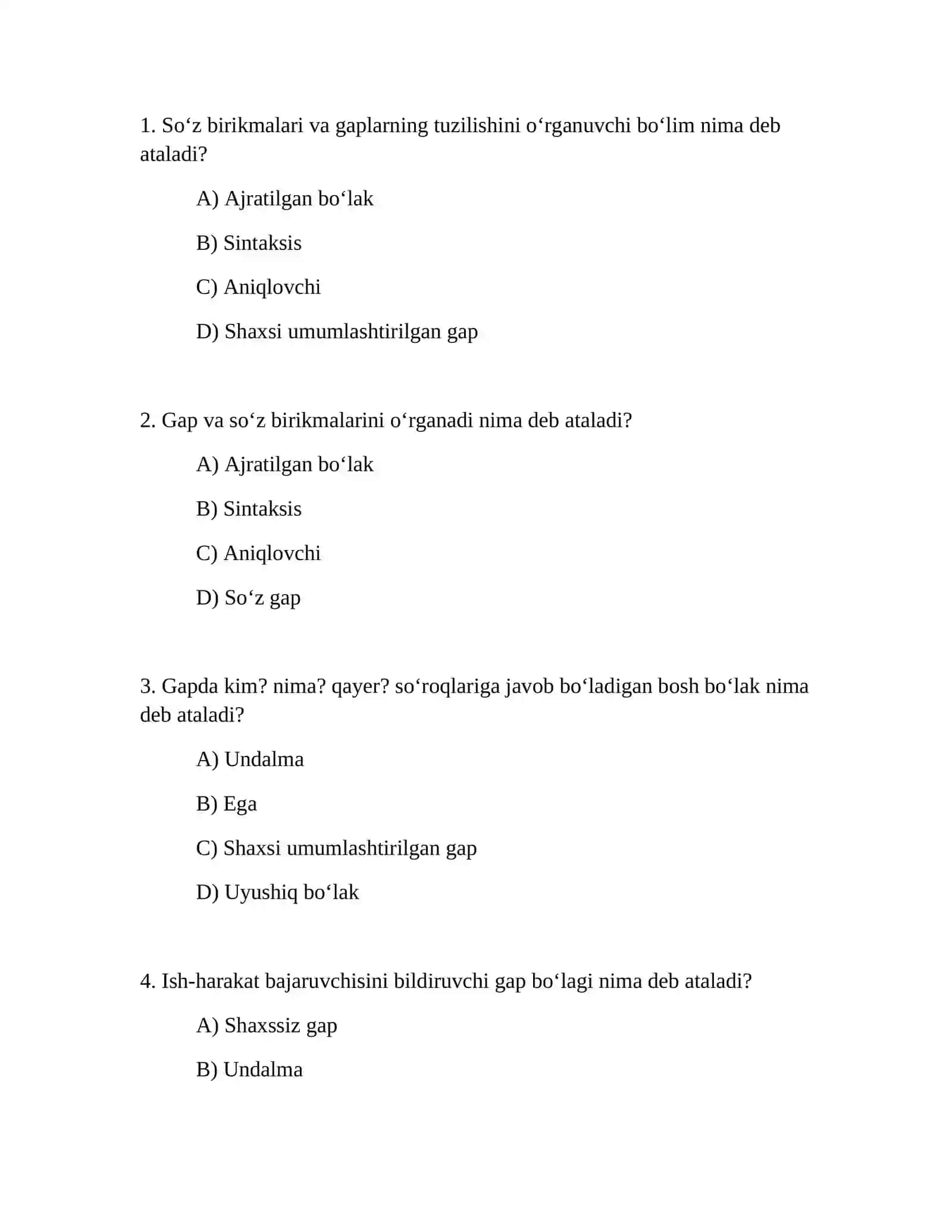 8-sinf Ona tili fanidan 350 ta test savollari 2