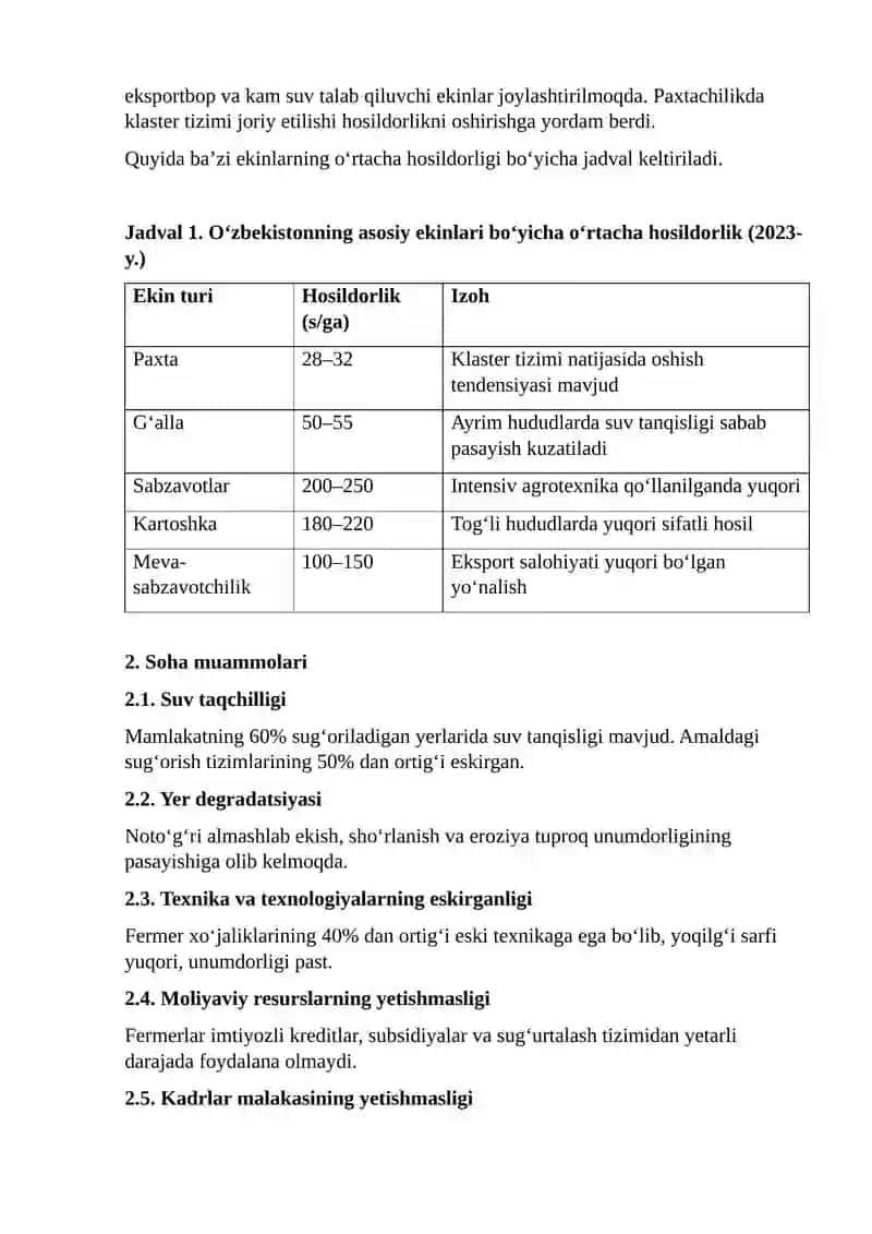 O‘zbekiston dehqonchiligining hozirgi holati, muammolari va hal qilish yo‘llari 2
