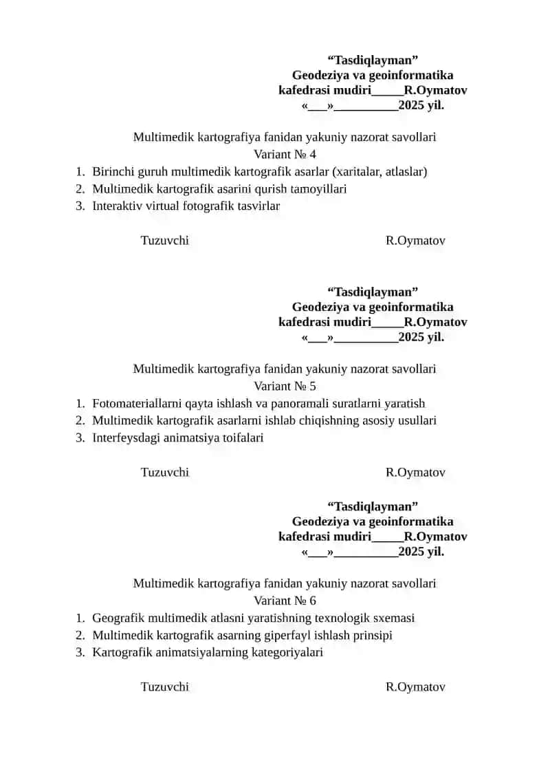 Multimedik kartografiya fanidan yakuniy nazorat savollari 2