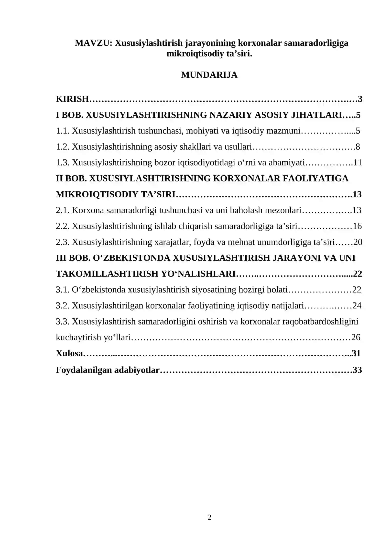 Xususiylashtirish jarayonining korxonalar samaradorligiga mikroiqtisodiy ta’siri 2