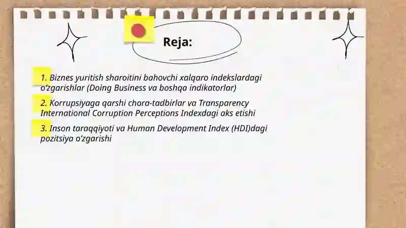 Biznes yuritish sharoitini bahovchi xalqaro indekslardagi oʻzgarishlar 2
