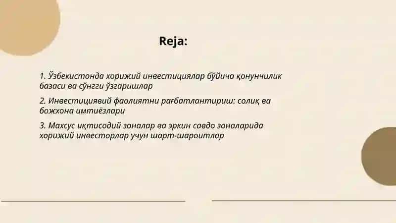 Ўзбекистонда хорижий инвестицияларни жалбкилиш шарт-шароитлари 2