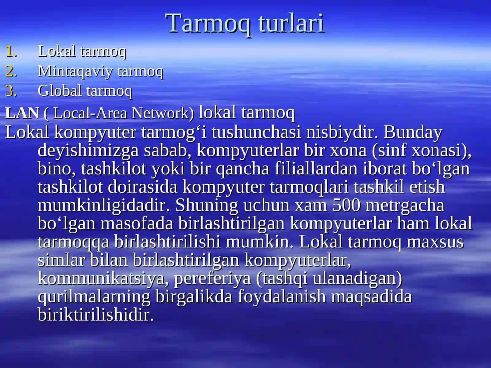 Tarmoq texnologiyalari. Ularni tashkil etish. Kompyuter tarmoqlarida ma’lumotlar bilan ishlash texnologiyalari. Tarmoqda ma’lumotlar bazasini tashkil etish va ular bilan ishlashning asosiy texnologiyalari 2
