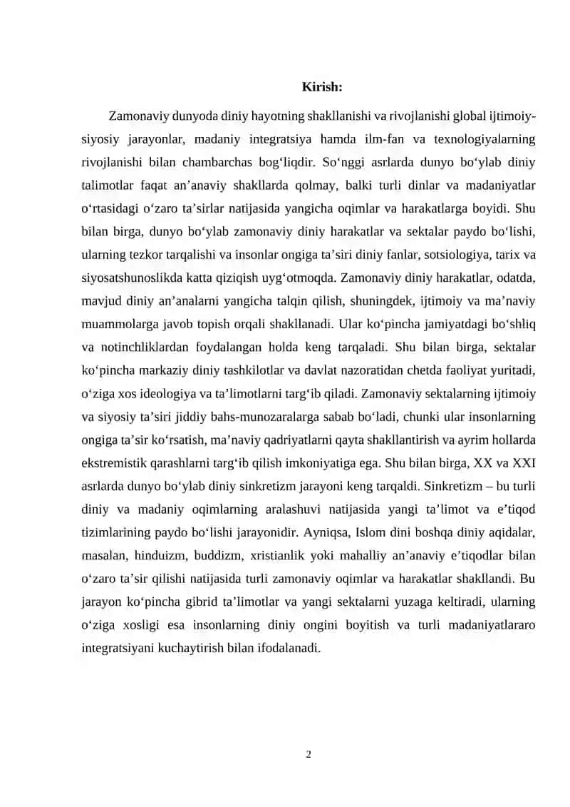 Zamonaviy diniy hatakatlar va sektalar Islom va boshqa diniy aqidalar sinkretlashuvi natijasida shakllangan diniy talimotlar tarixi 2