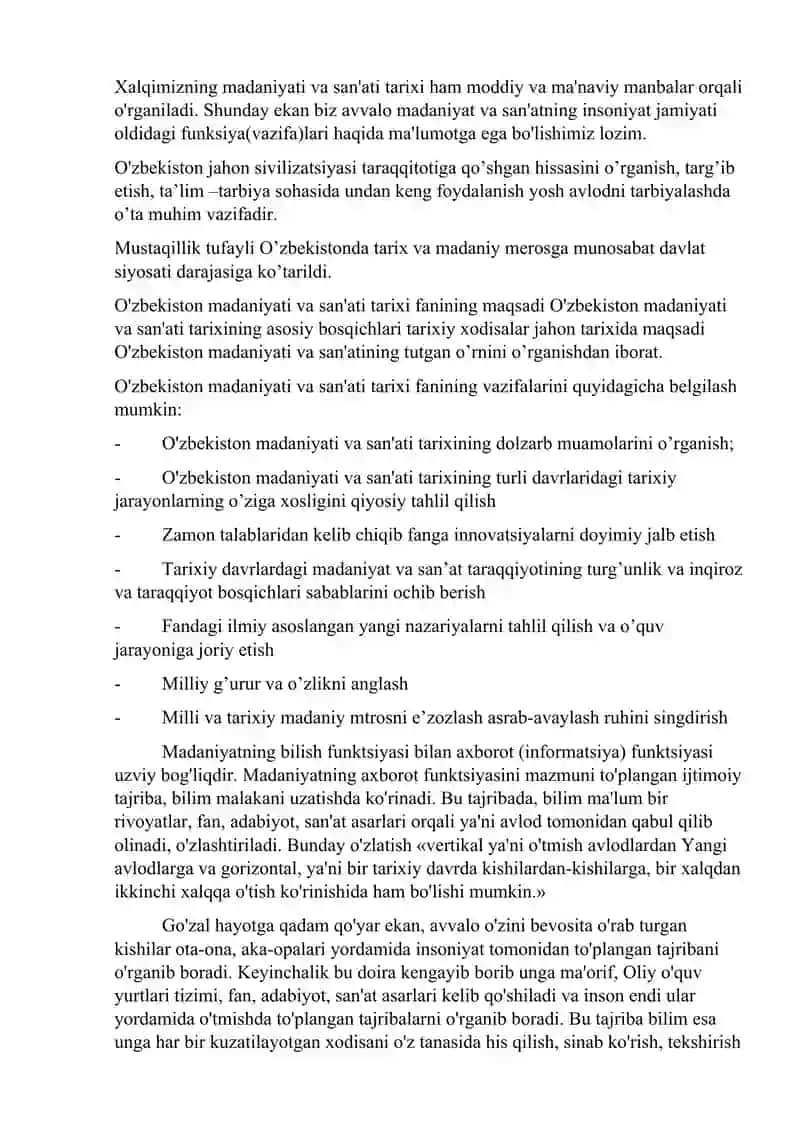 KIRISH. O'ZBEKISTONNING MADANIYATI VA SAN'ATI TARIXI FANINING MAQSADI VA VAZIFALARI. 2