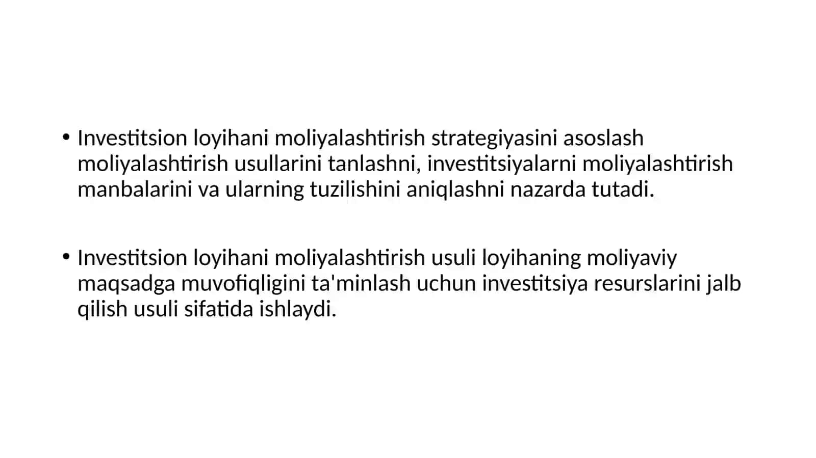 Investitsion loyiha moliyalashtirish strategiyasi 2