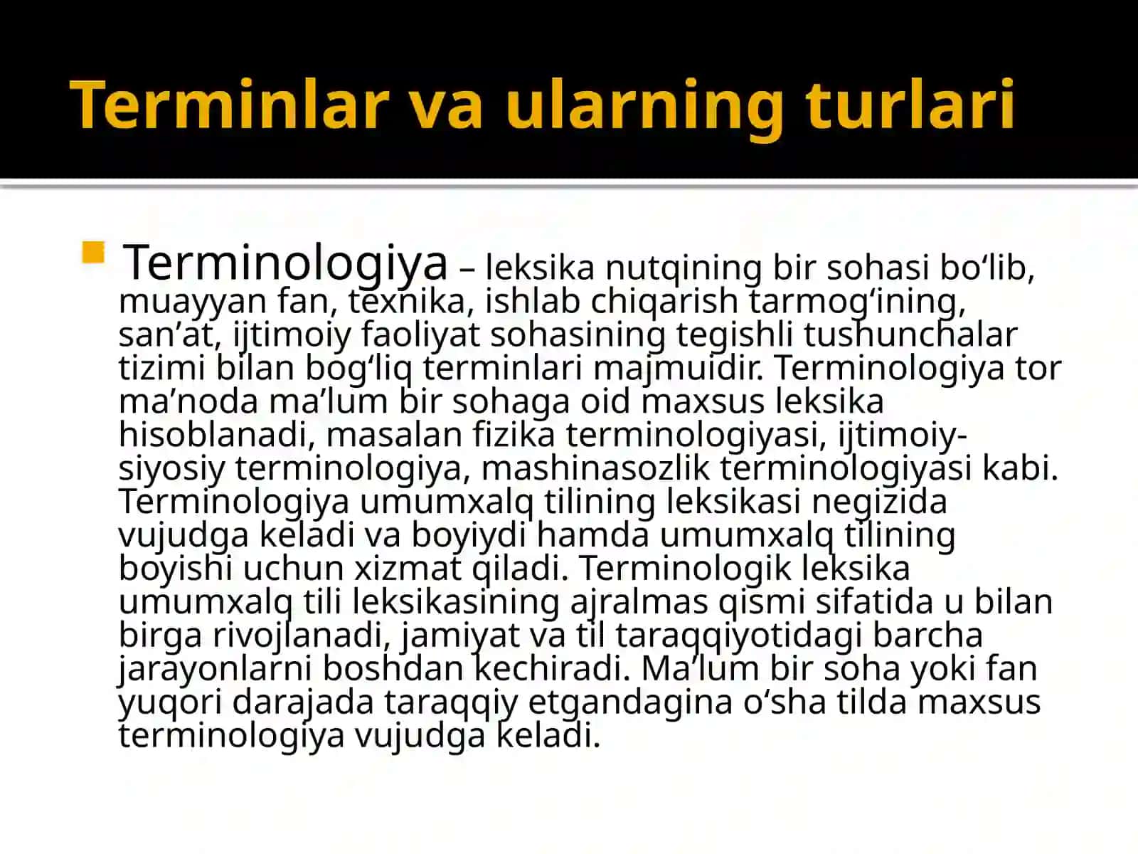 Soha terminalogiyasi. Men tanlagan sohada o‘zbek tilining tutgan o‘rni 2