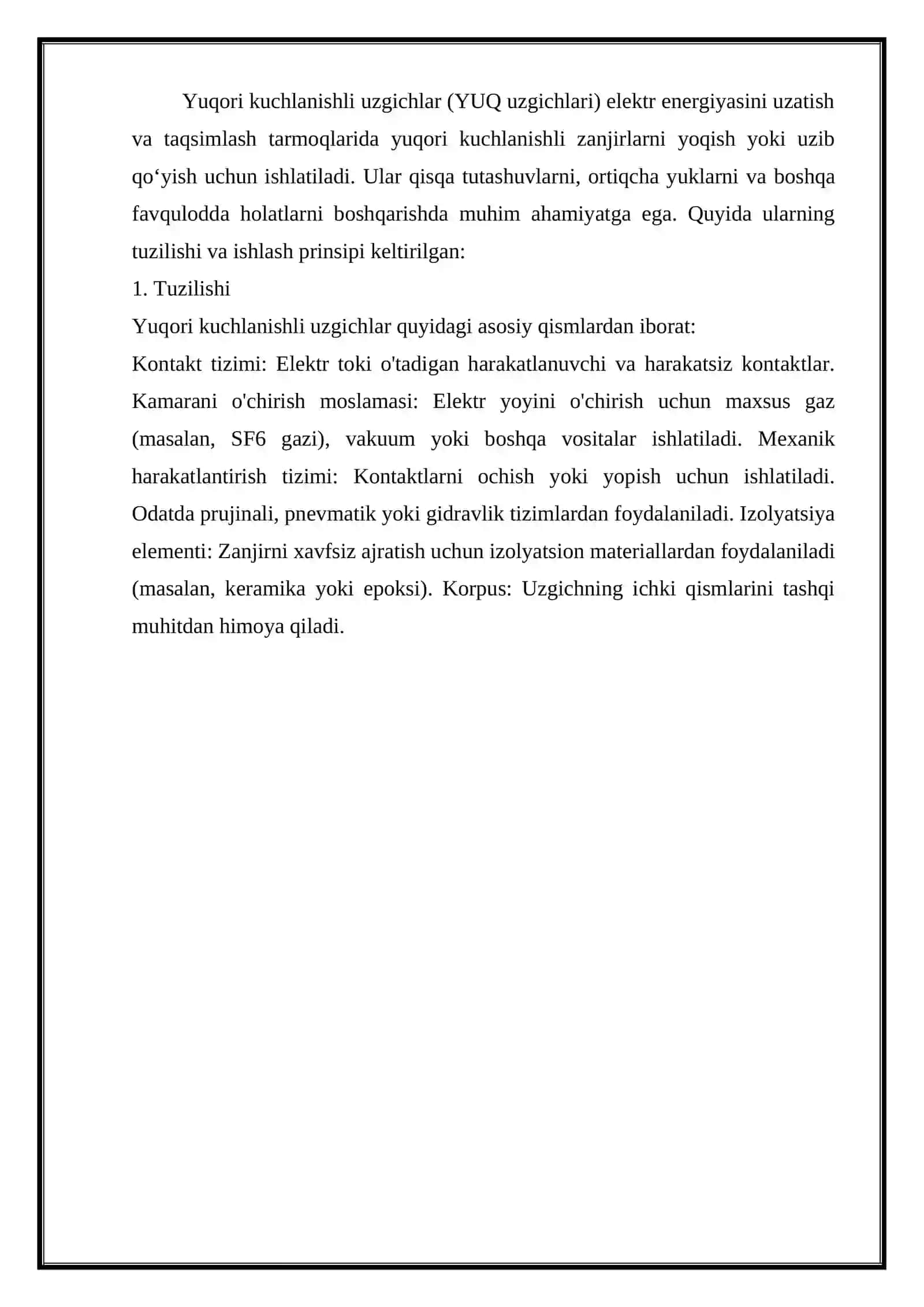 Yuqori kuchlanishli uzgichlarning vazifasi, tuzilishi va ishlash prinsipi 2