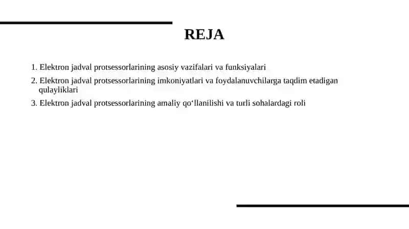 Elektron jadval protsessorlari, ularning  vazifasi va imkoniyatlari 2