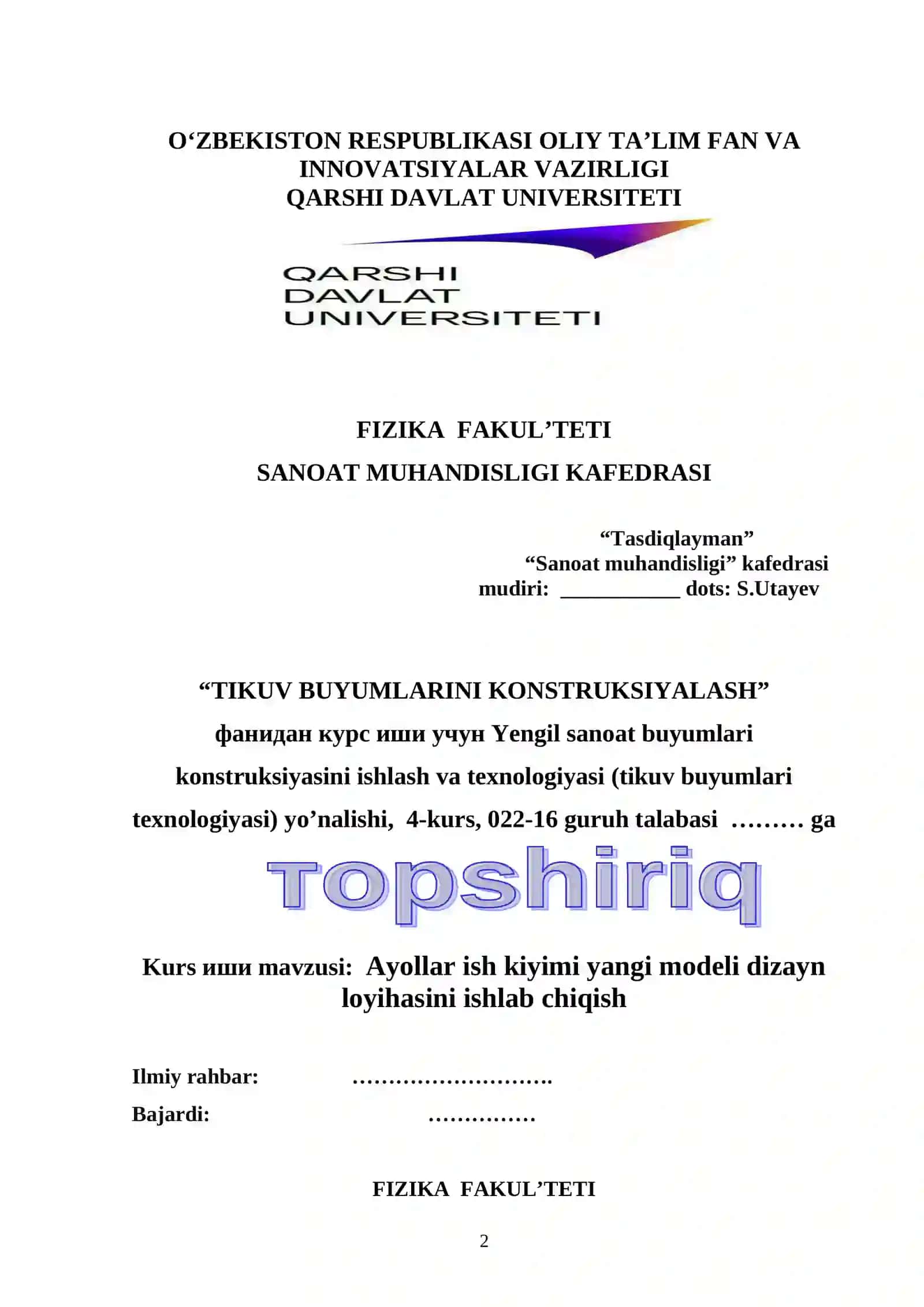 Ayollar ish kiyimi yangi modeli dizayn loyihasini ishlab chiqish mavzusida tayyor kurs ishi 2