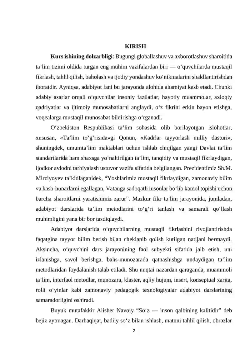 Adabiyot darslarida oʻquvchilarning mustaqil fikrlashga oʻrgatishda ta'lim metodlarini oʻrni. 2