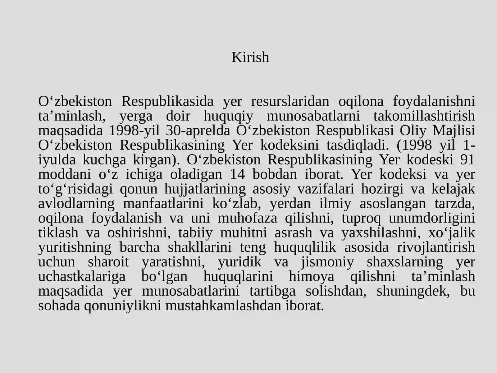 O`zbekiston Respublikasi Yer kodeksini o`rganish va tahlil qilish 2