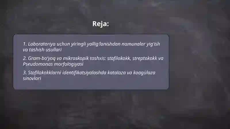 Yiringli yaliğlanish jarayonlarini keltirib chiqaruvchi mikroorganizmlar Labaratoriya tashxisi 2