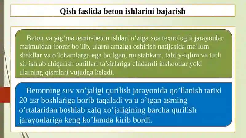Qish faslida beton ishlarini bajarishda qo‘llaniladigan chora-tadbirlar 2