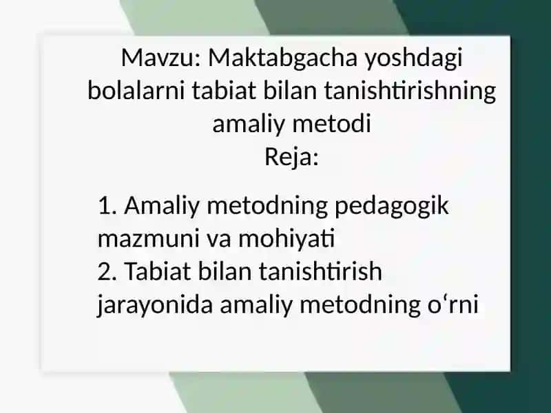 Maktabgacha yoshdagi bolalarni tabiat bilan tanishtirishning amaliy metodi 2