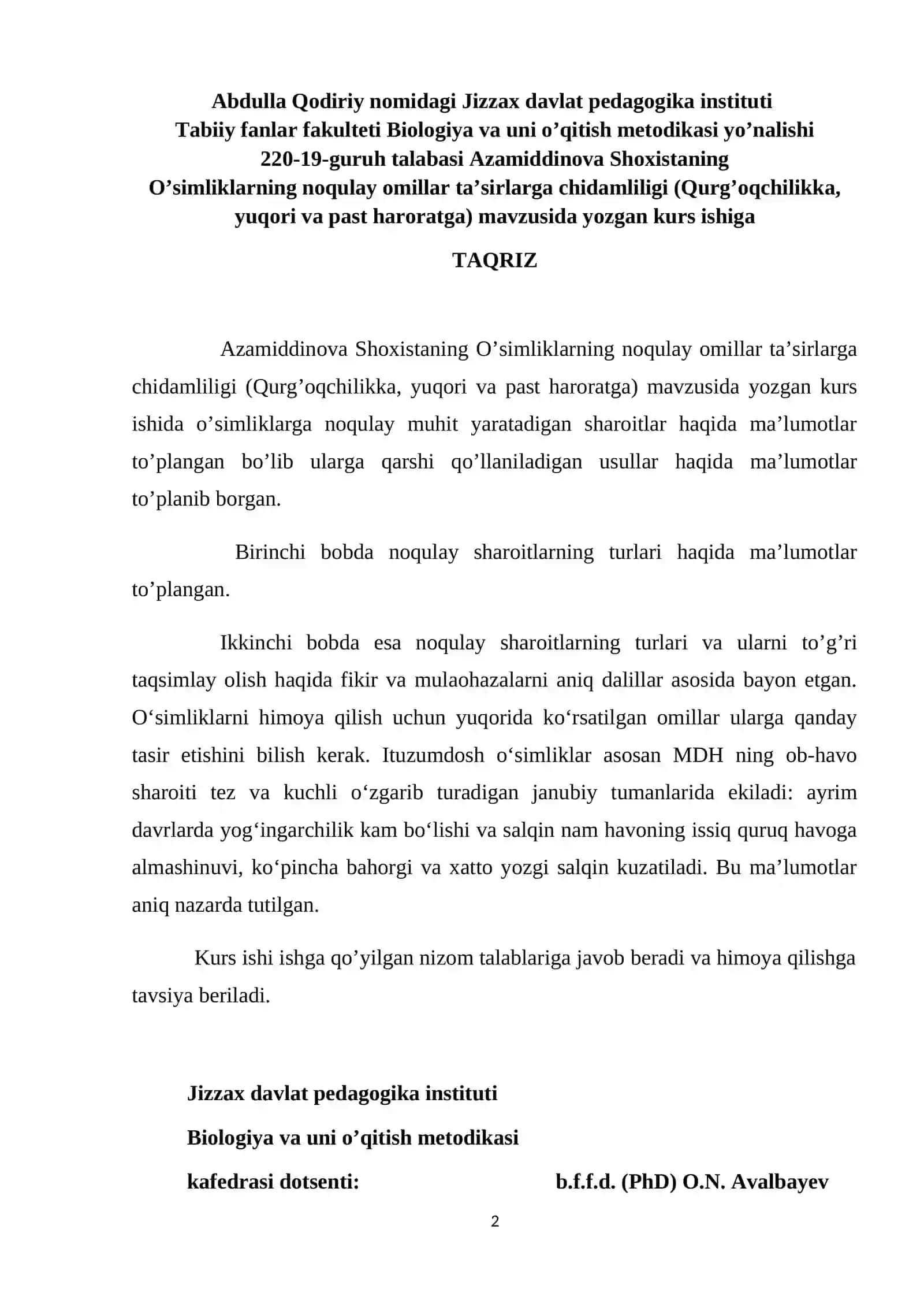 O’simliklarning noqulay omillar ta’sirlarga chidamliligi (Qurg’oqchilikka, yuqori va past haroratga) kurs ishi 2