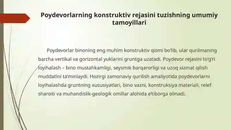 Poydevorlar konstruktiv rejasini loyihalash va ishlash prinsiplari 2