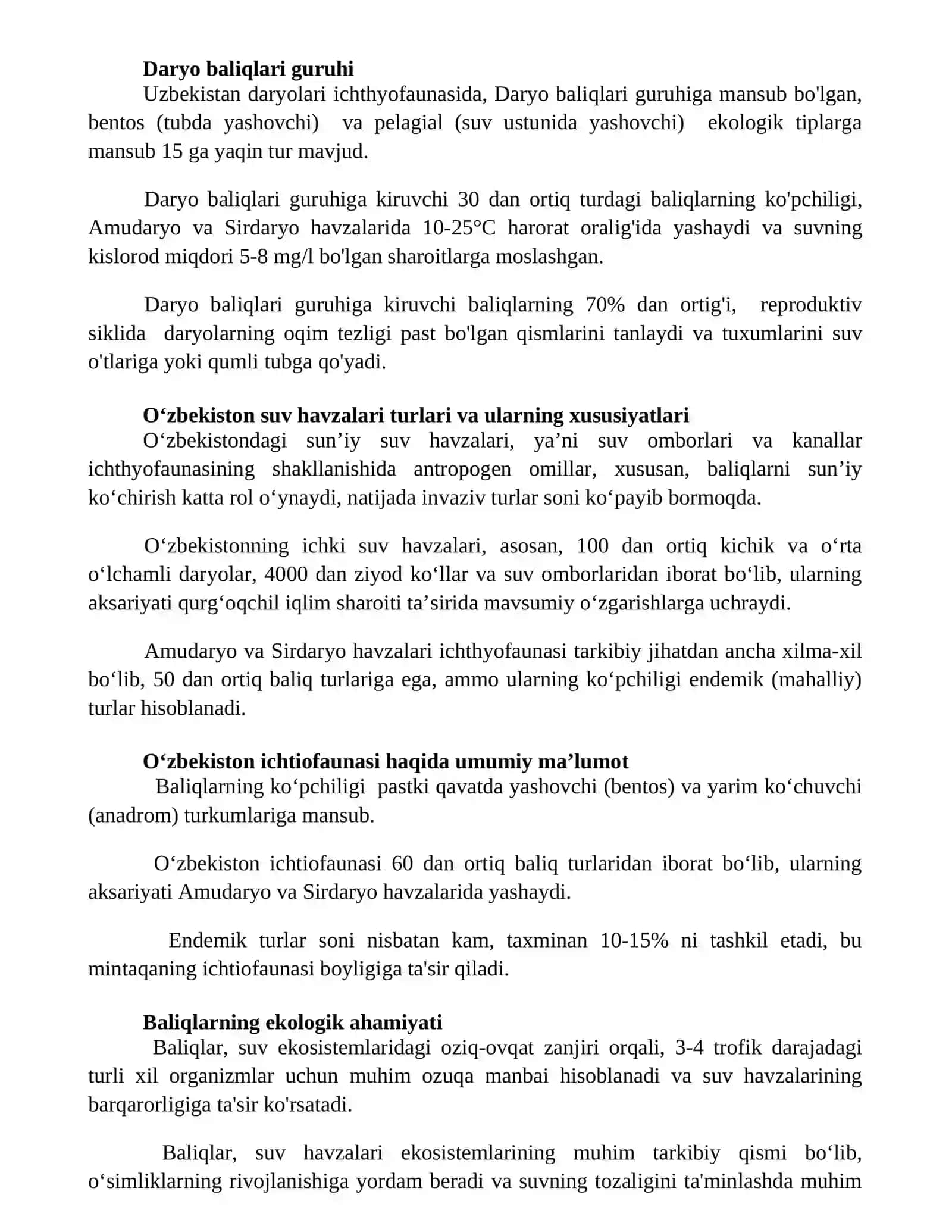 Suyakli baliqlarning ekologik guruhlari. O’zbekiston ixtiofaunasining o’ziga xos 2