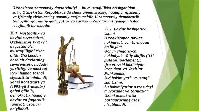 Oʻzbekiston zamonaviy davlatchiligi xususiyatlarini nimada ko’rasiz. 2