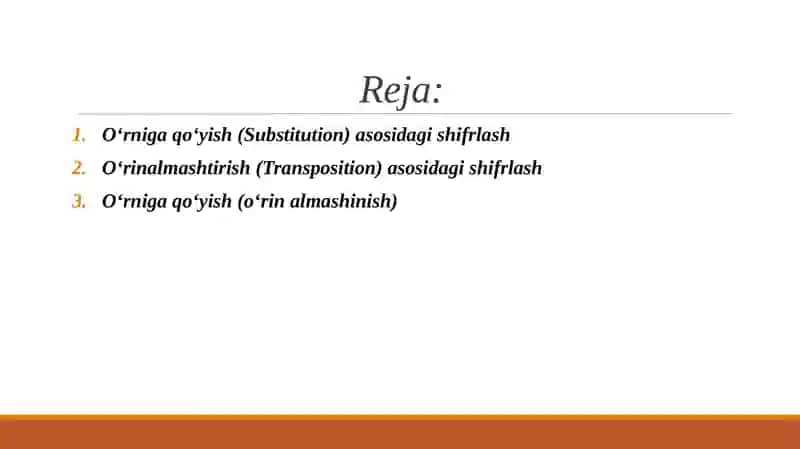 O‘RNIGA QO‘YISH HAMDA O‘RINALMASHTIRISH AKSLANTIRISHLARIGA ASOSLANGAN SHIFRLASH ALGORITMLARI 2